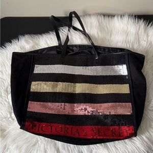 Victoria's Secret Black Sequin Stripe Tote with Metallic Accents